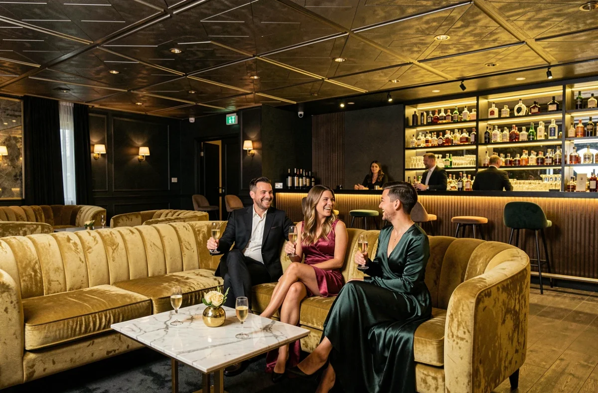 Intérieur élégant du Gold'n Lounge à Évry avec canapés dorés, champagne et ambiance lounge haut de gamme