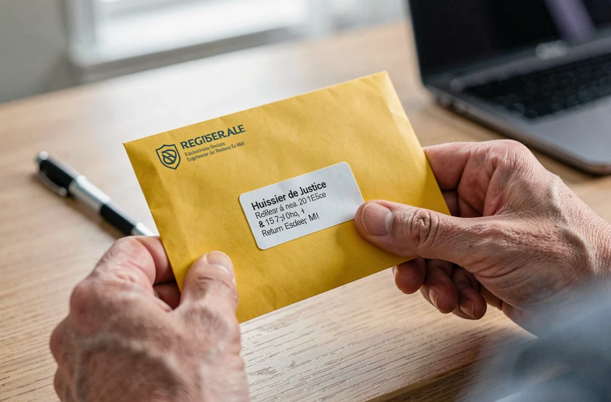 Gros plan sur une enveloppe recommandée 2C tenue en main montrant l'adresse expéditeur d'un huissier