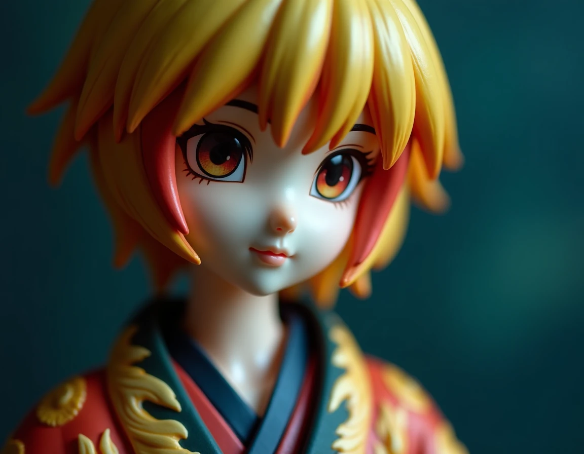 Gros plan sur le visage et le buste de la figurine Rengoku édition collector, détails de peinture à la main et texture du haori visibles