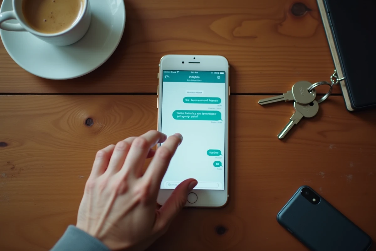 Gros plan d'un smartphone posé sur une table affichant un SMS d'un numéro inconnu avec l'indicatif 49 potentiellement frauduleux