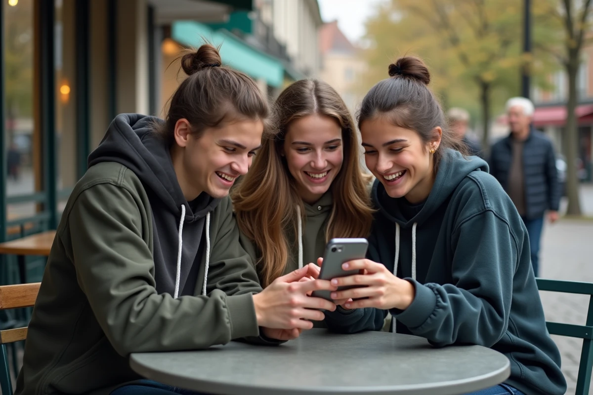 Groupe d'adolescents riant d'un mot de slang sur leur téléphone en terrasse, couple de parents déconcertés en arrière-plan
