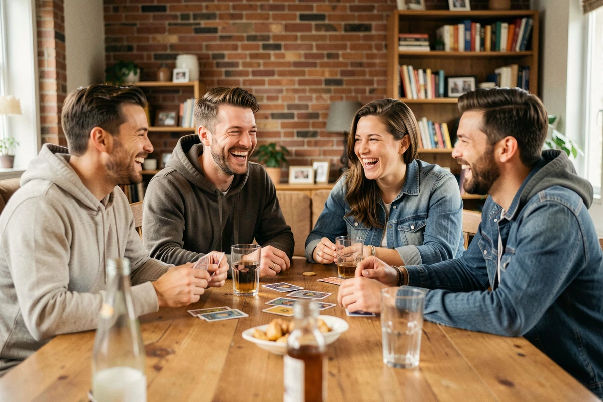 Groupe d'amis jouant au jeu de cartes Palmier autour d'une table en bois lors d'une soirée conviviale