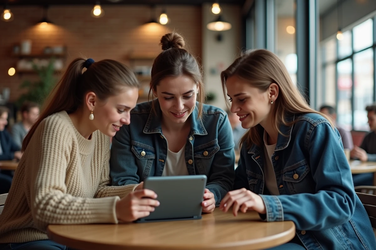 Groupe de personnes discutant d'un quiz politique sur une tablette dans un café
