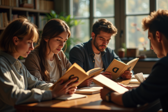 Groupe diversifié lisant des classiques dans une librairie chaleureuse