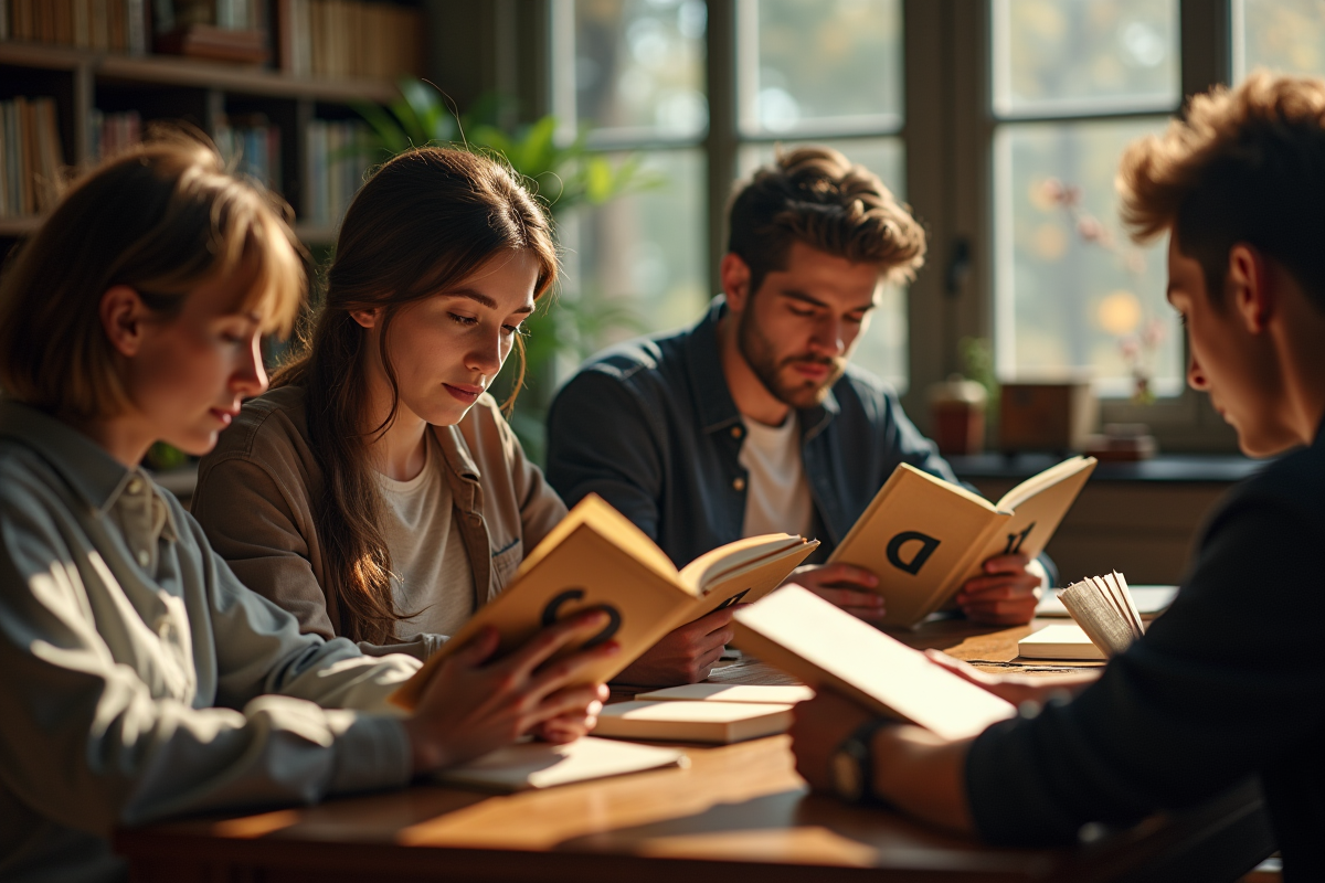 Groupe diversifié lisant des classiques dans une librairie chaleureuse