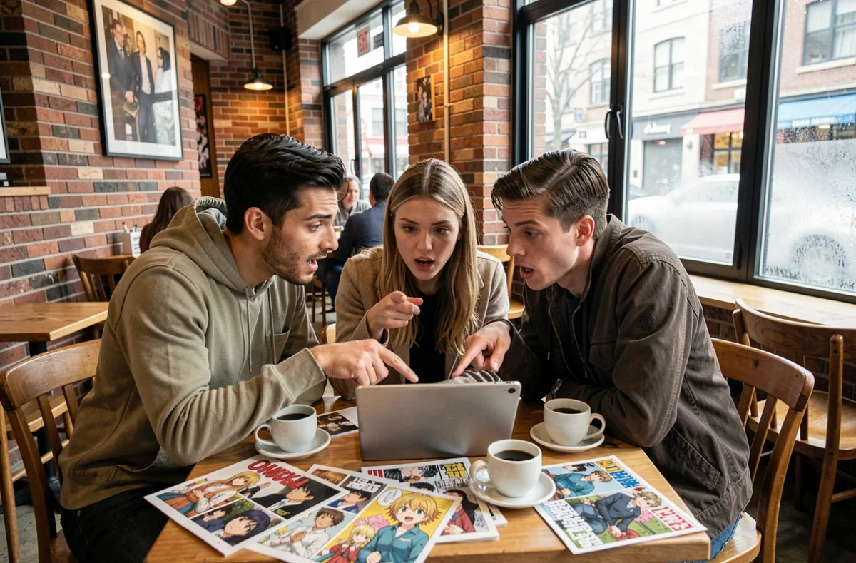 Groupe de fans discutant des réactions et critiques du scan One Piece 1148 dans un café