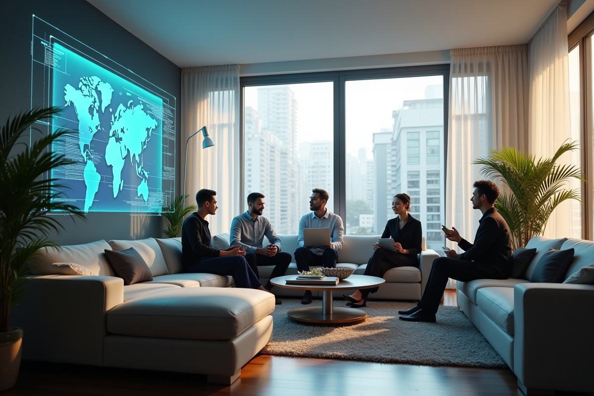 Groupe de personnes interagissant avec des interfaces bancaires virtuelles dans un salon moderne