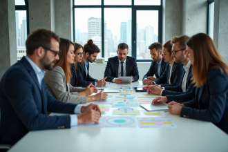 Groupe de professionnels en réunion dans un bureau lumineux