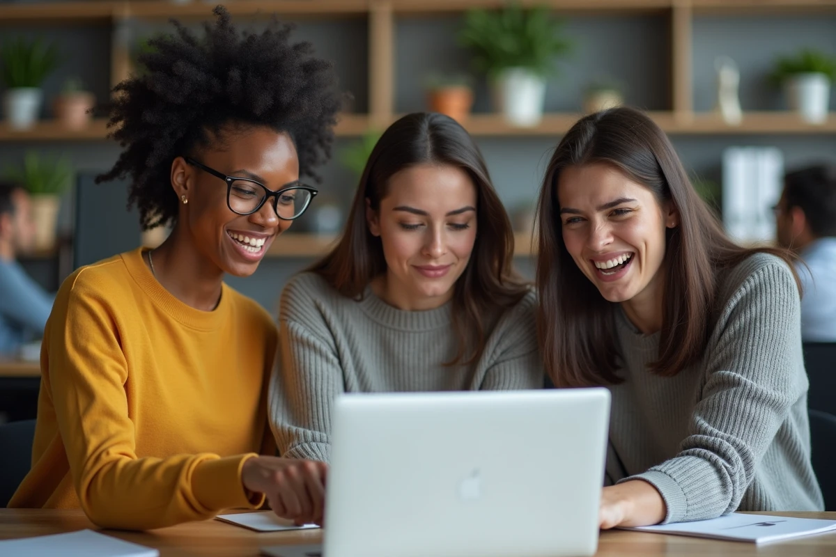Groupe de jeunes professionnels discutant d'une polémique sur les réseaux sociaux autour d'un ordinateur portable, illustrant le phénomène de cancel culture en milieu professionnel