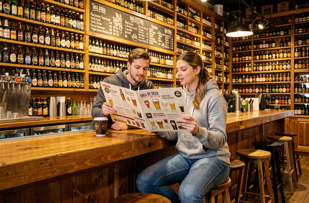 Bar à bières Hall of Beer à Orsay avec mur de bouteilles, pression et ambiance décontractée