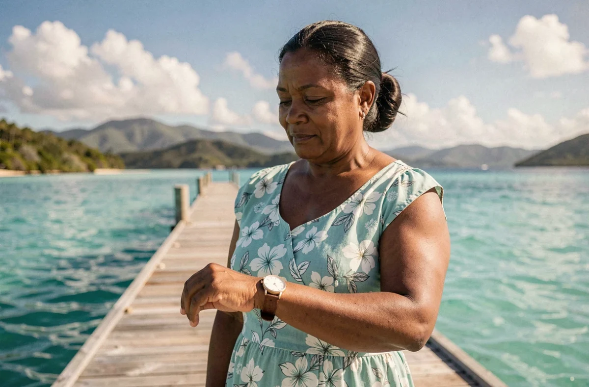 Femme kanak regardant sa montre sur un ponton au bord du lagon de Nouméa en Nouvelle-Calédonie