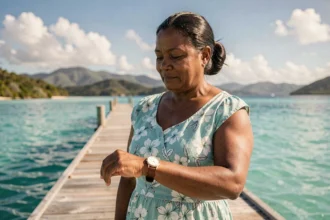 Femme kanak regardant sa montre sur un ponton au bord du lagon de Nouméa en Nouvelle-Calédonie
