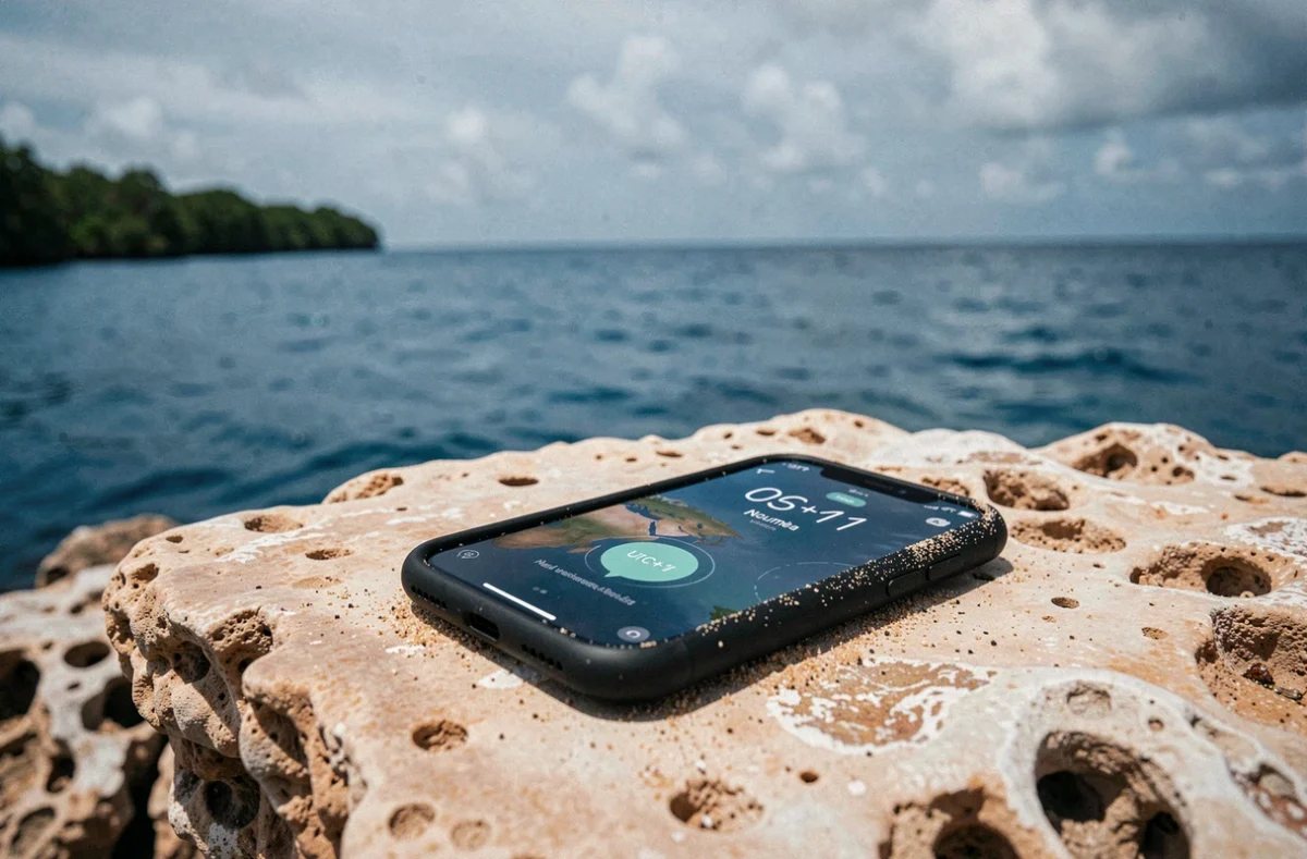 Smartphone affichant l'heure de Nouméa UTC+11 posé sur un rocher de corail sur les Îles Loyauté en Nouvelle-Calédonie