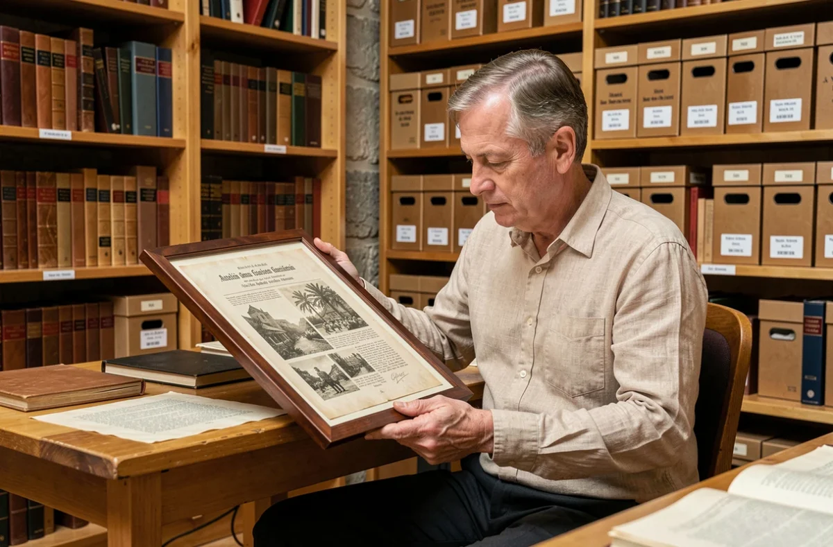 Historien examinant un document historique militaire alsacien dans une salle d'archives à Strasbourg