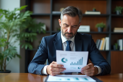 Homme d'affaires en costume analyse des graphiques financiers