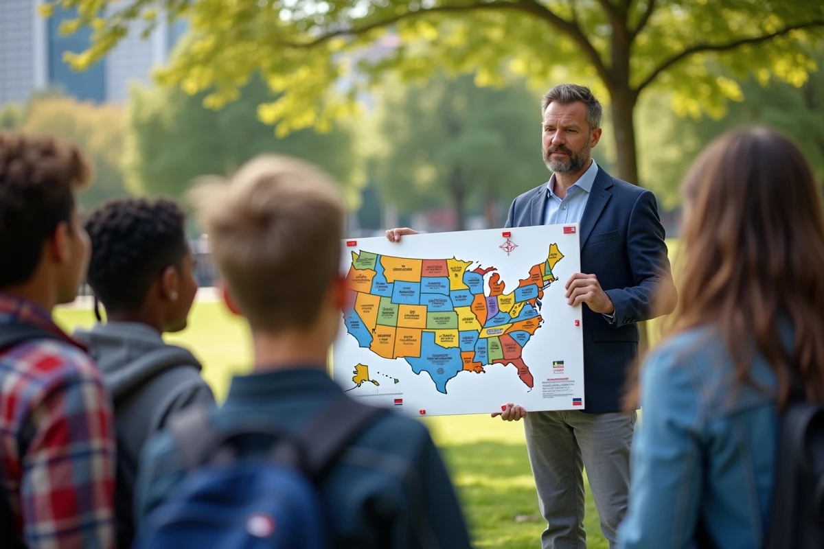 Homme avec carte des États-Unis et groupe de jeunes