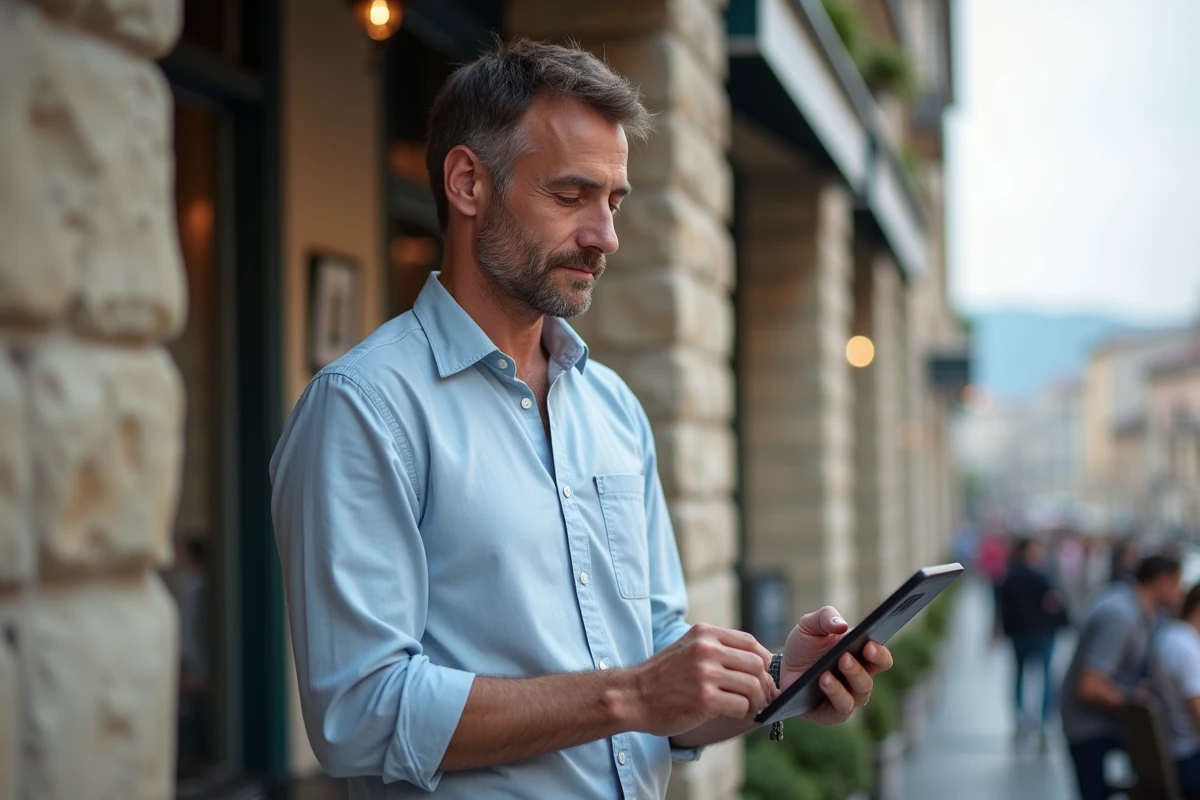 Homme détendu utilisant une tablette en terrasse de café en ville