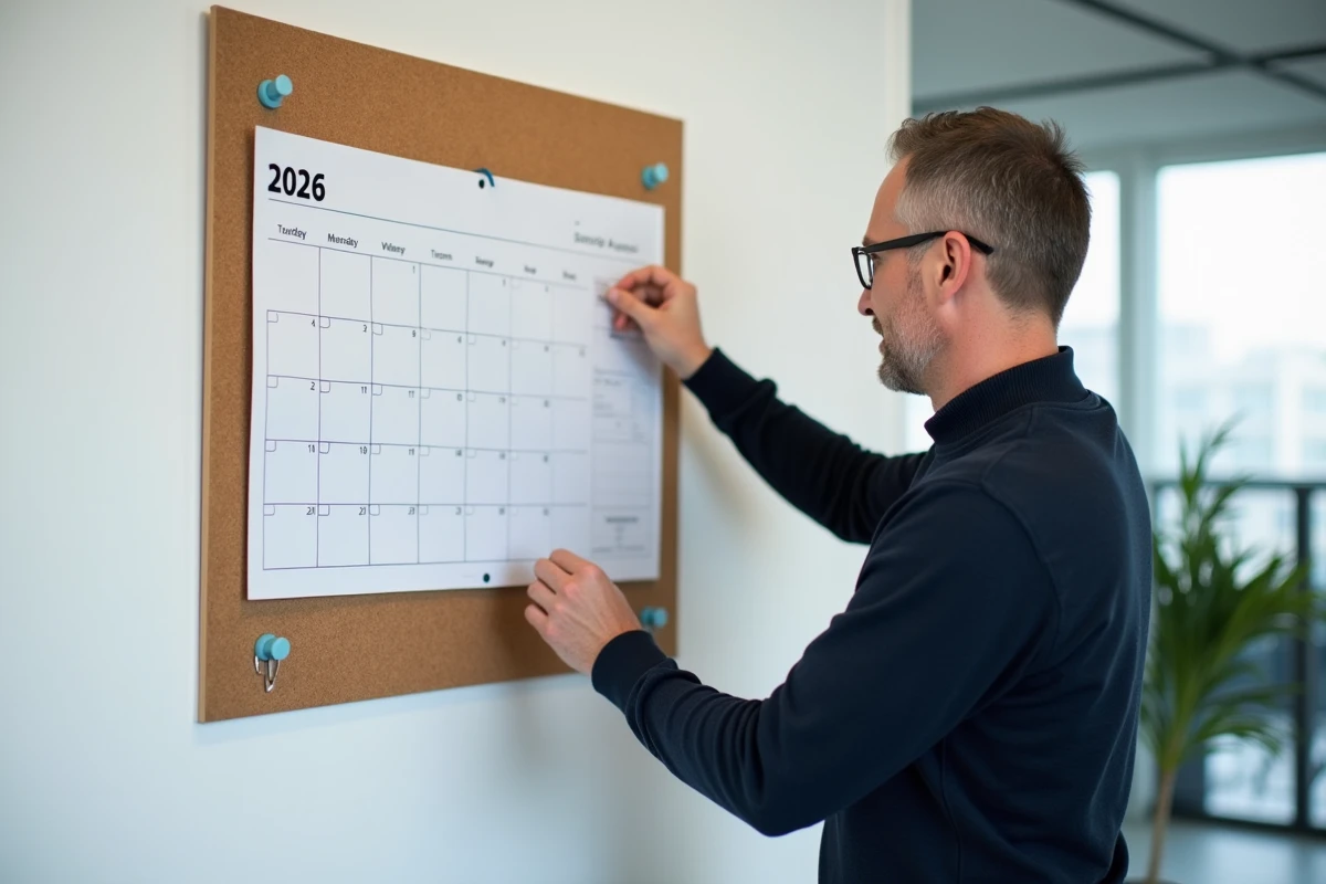 Homme épinglant une page de calendrier mensuel 2026 imprimée sur un tableau en liège dans un bureau moderne