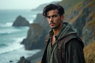 Homme mystérieux sur une falaise rocheuse face à l'océan