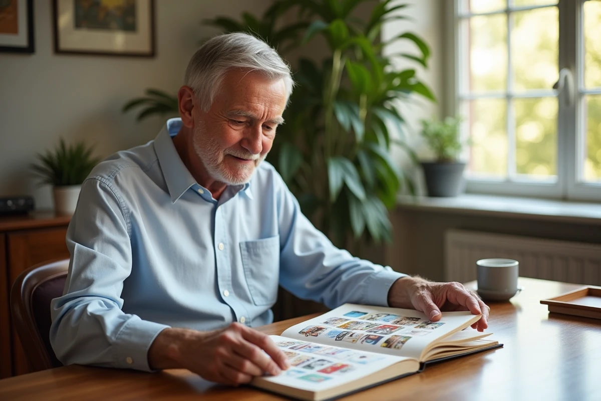 Homme âgé feuilletant un album de stickers dans la salle à manger