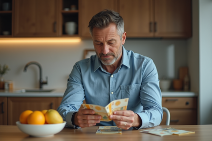 Homme d'âge moyen compte des billets euros à la maison