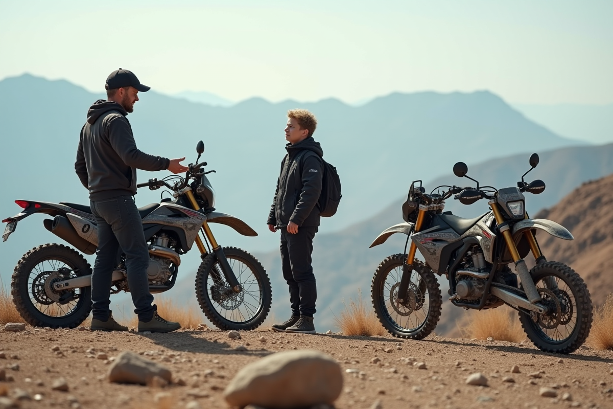 Homme expliquant la sécurité à un adolescent en moto tout-terrain