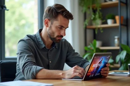 Homme concentré avec jeux vidéo et tablette dans un bureau lumineux