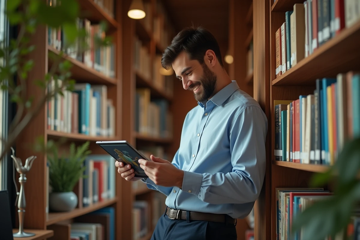 Homme regardant un webtoon dans sa bibliothèque chaleureuse