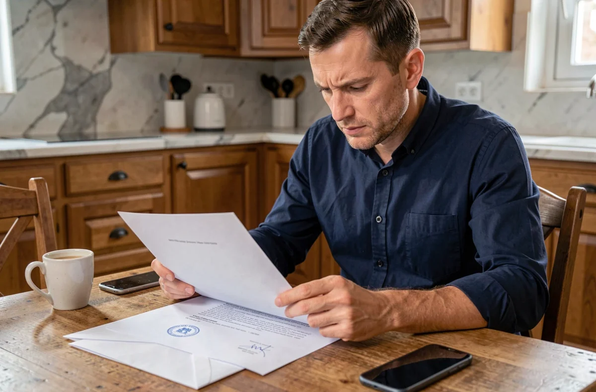 Homme lisant un document officiel d'huissier extrait d'une enveloppe recommandée dans une cuisine