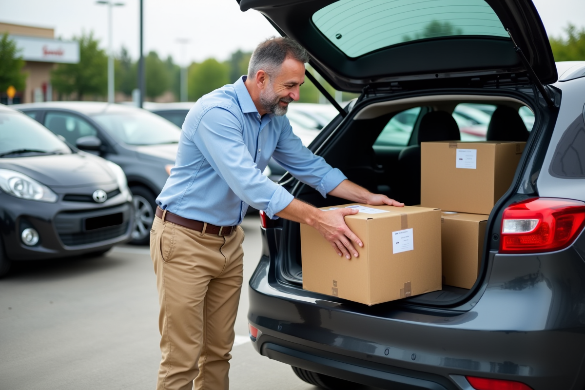 Homme chargé des colis dans un parking de supermarché