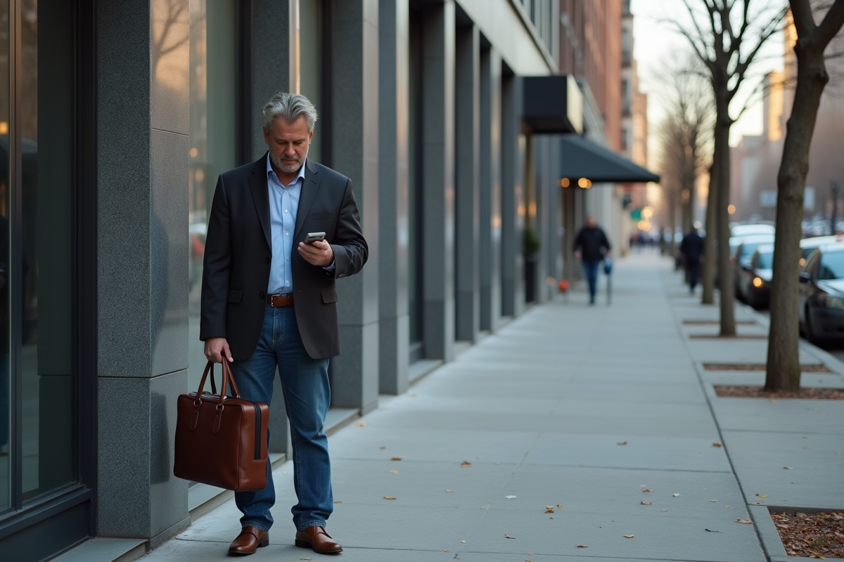 Homme seul marchant dans la ville le matin