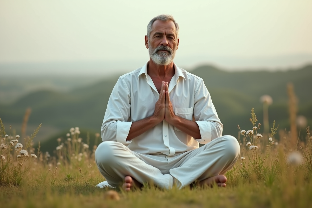 Homme méditant en pleine nature sur une colline verdoyante