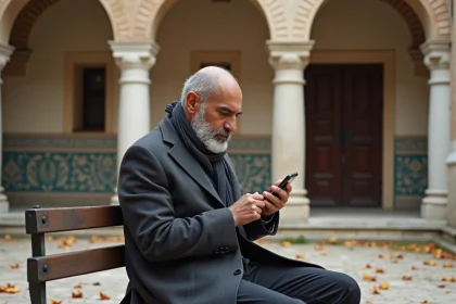 Homme nord-africain en manteau dans une mosquee à Compiègne