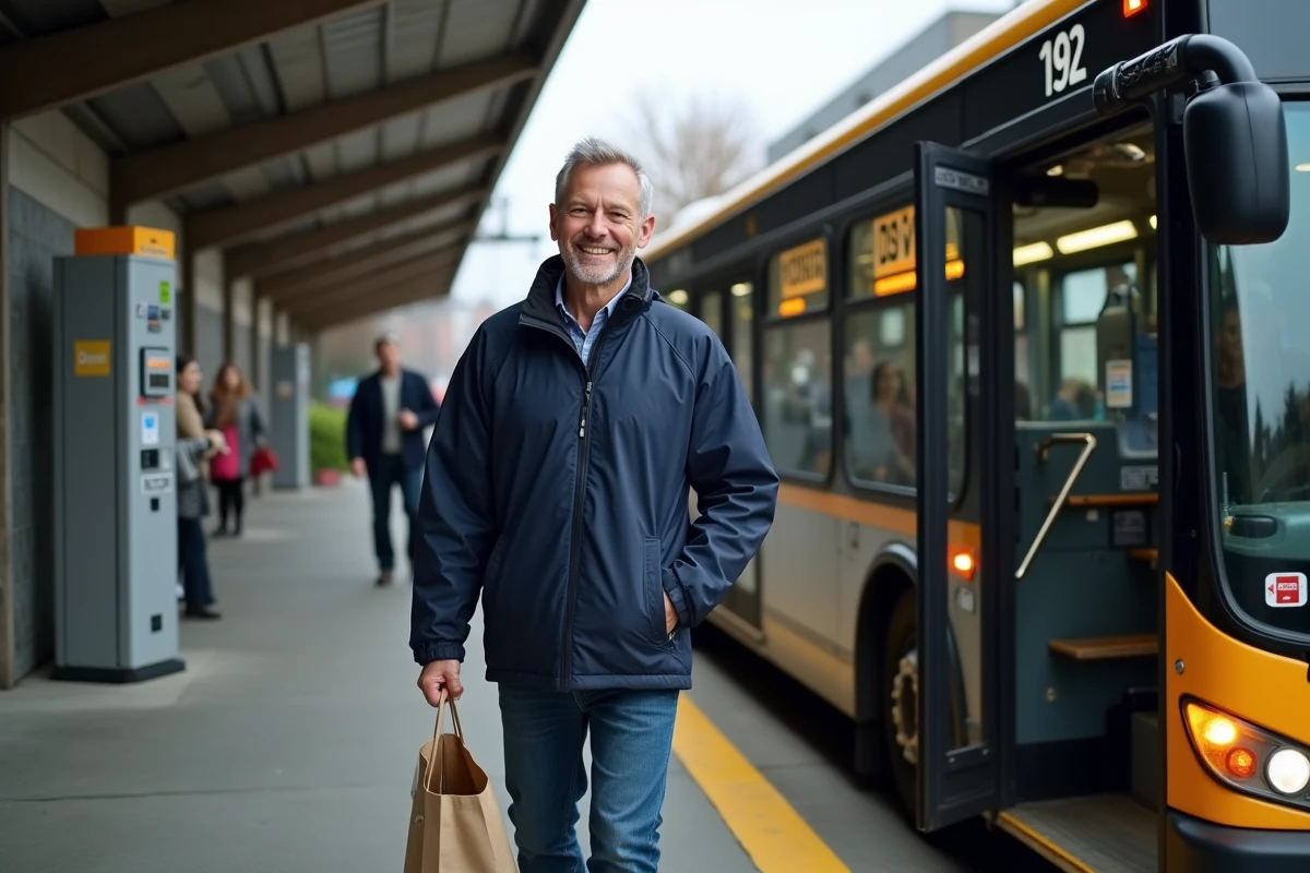 Homme souriant monte bus avec sac réutilisable