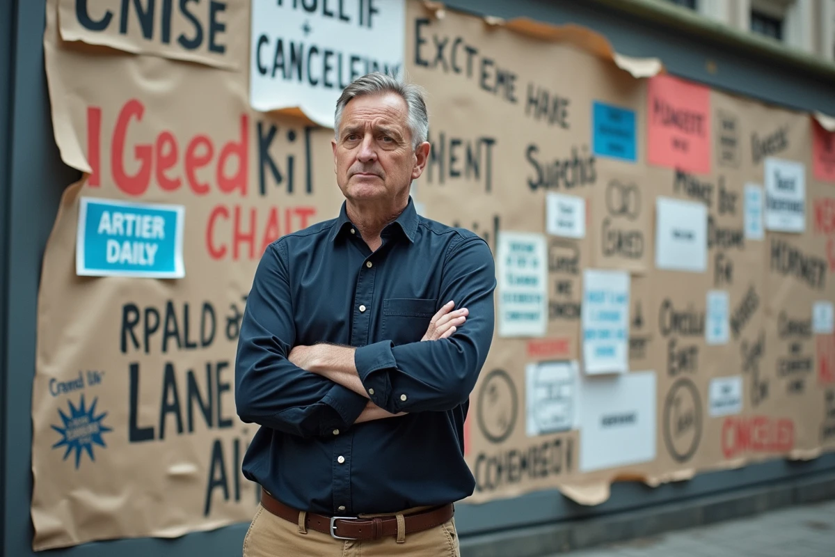 Homme debout devant un mur recouvert de slogans sur la cancel culture dans un contexte urbain, symbolisant le débat public et la responsabilisation