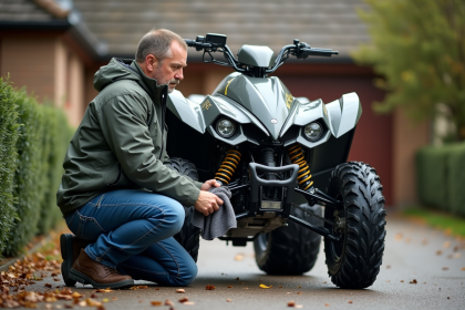 Homme en veste nettoie la chaîne d'un quad dans la cour