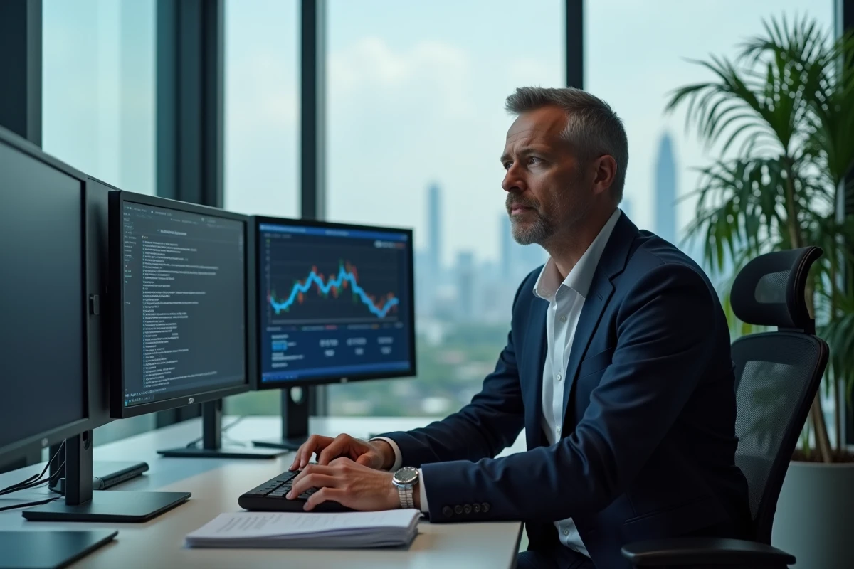 Homme d age moyen au bureau avec plusieurs écrans et documents