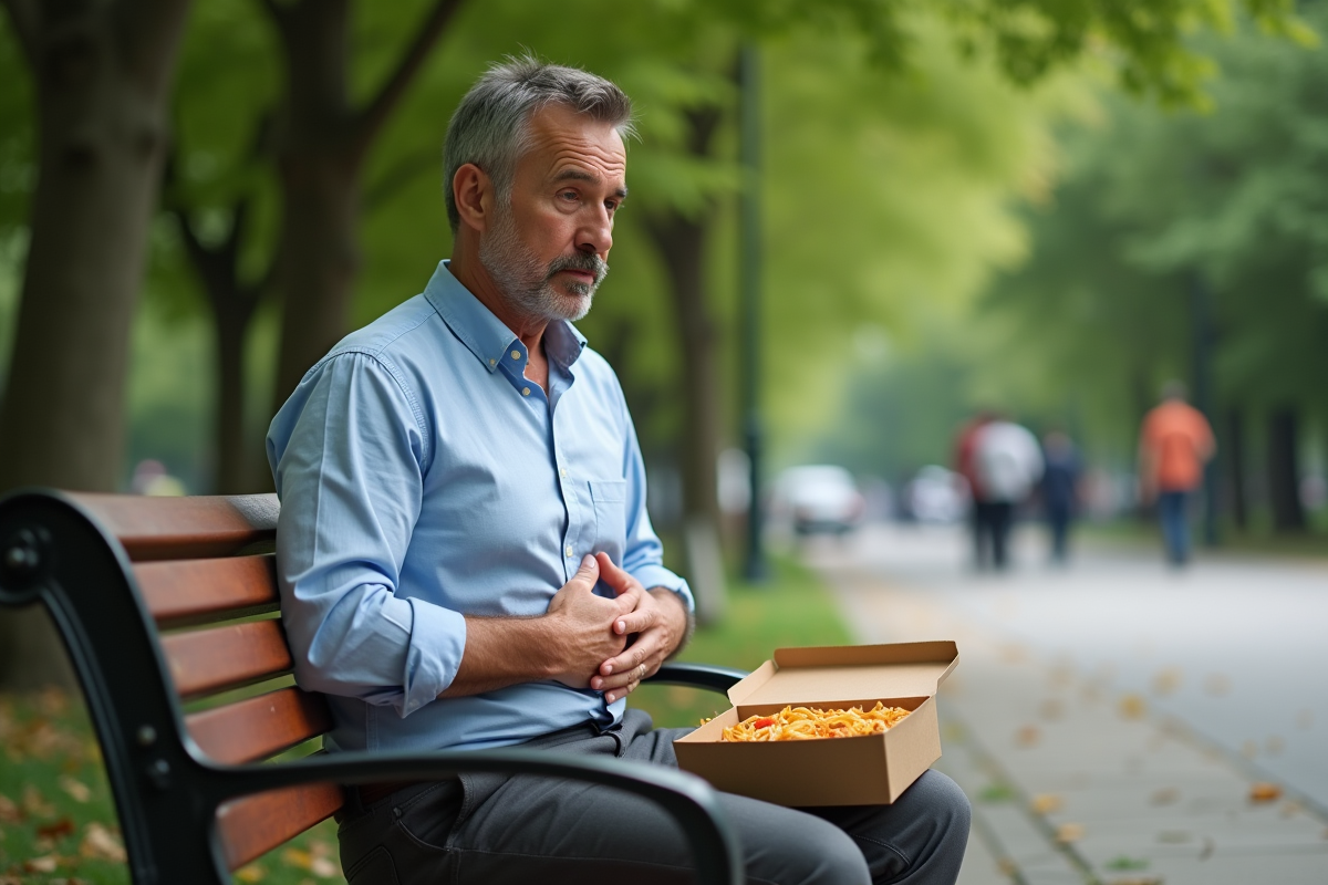 Homme assis sur un banc de parc avec un plat de pâtes à la main