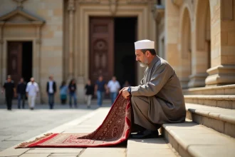 Homme priant sur les marches de la cathédrale de Narbonne