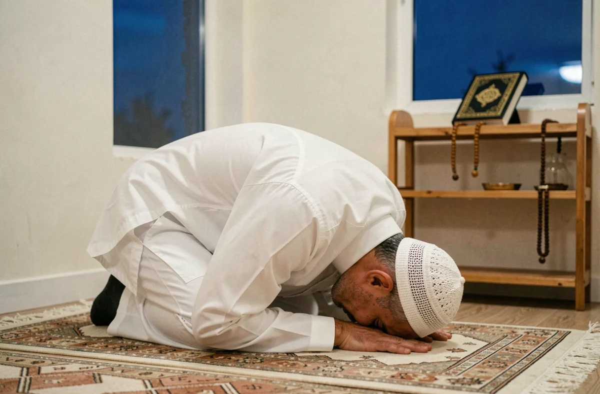 Homme en prière de l'aube en position de sujud sur un tapis de prière à motifs géométriques dans un coin de prière domestique