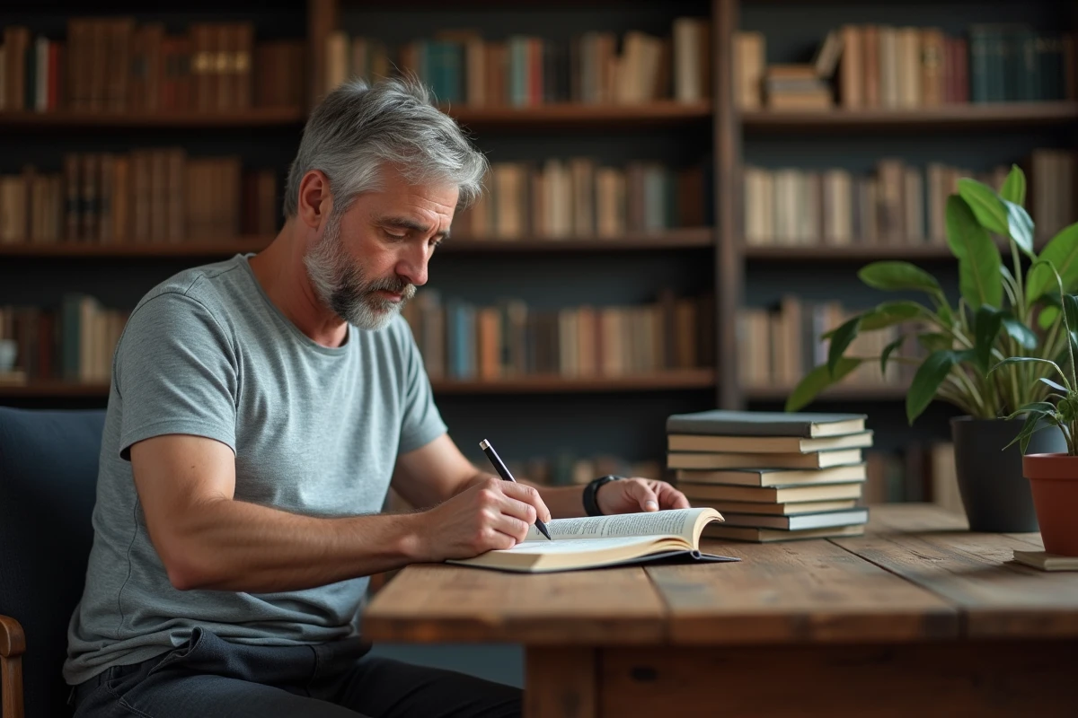 Homme lisant la définition d'un mantra dans un dictionnaire ouvert, assis à un bureau en chêne dans une bibliothèque personnelle
