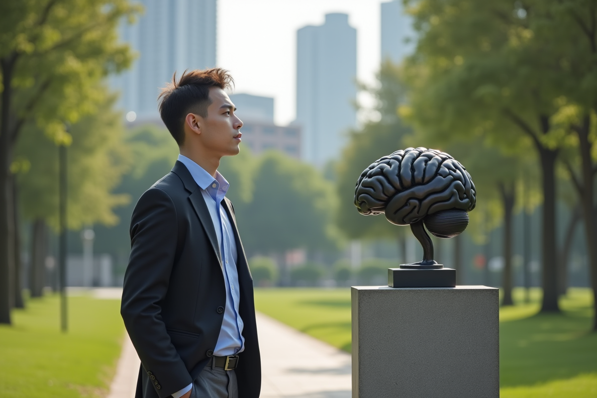 Jeune homme marchant dans un parc urbain avec sculpture cerveau