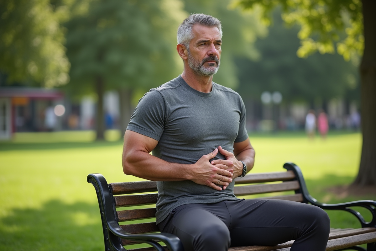 Homme faisant de la respiration abdominale dans un parc