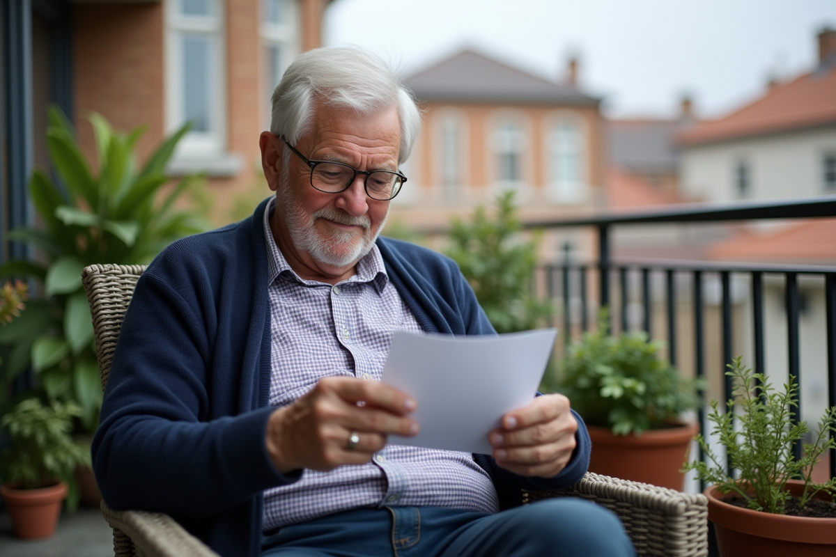 Homme retraité lisant une lettre sur un balcon