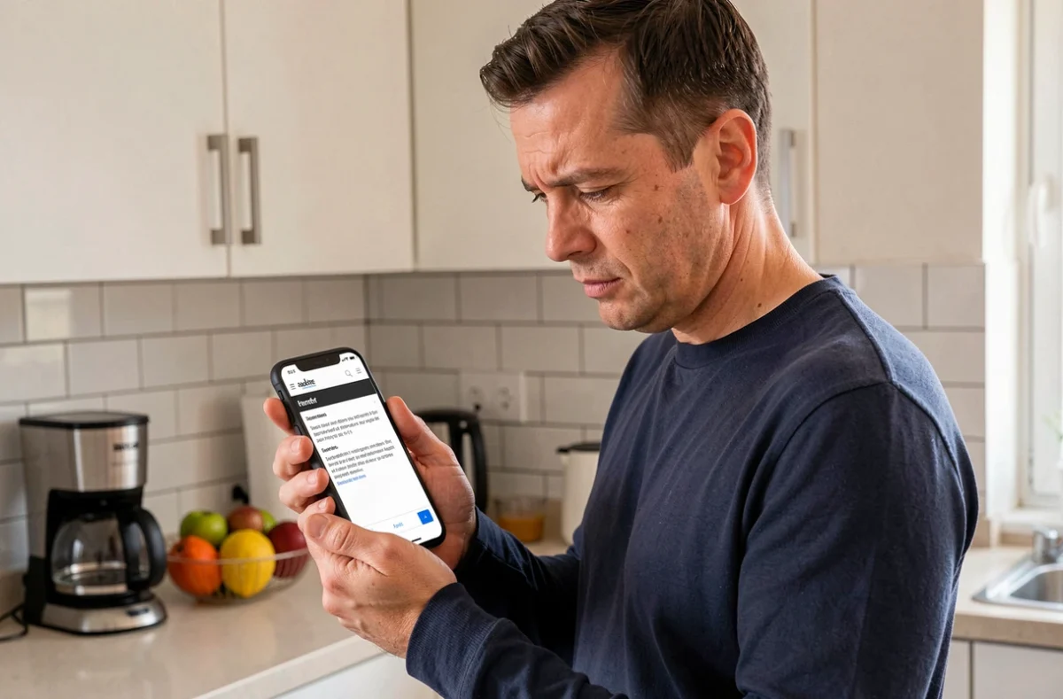 Homme consultant son smartphone affichant une erreur de connexion à un site web en panne