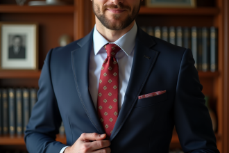 Homme en costume cravate ajustant sa cravate dans un bureau élégant