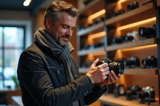 Homme testant un appareil photo en magasin de photographie