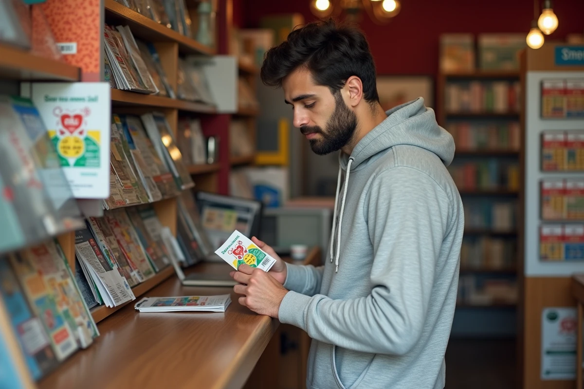 Homme tenant un ticket à gratter FDJ dans un bureau de tabac français