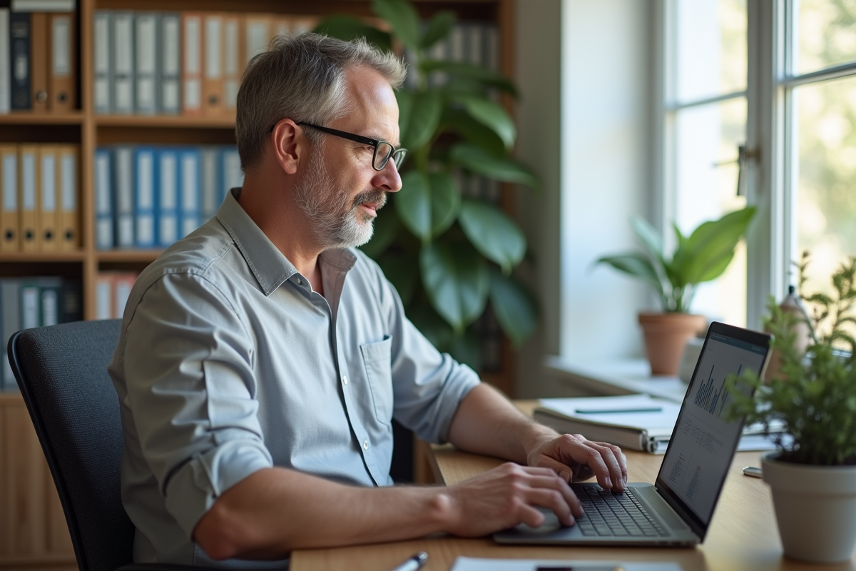 Homme vérifiant un tableau sur son ordinateur dans un bureau