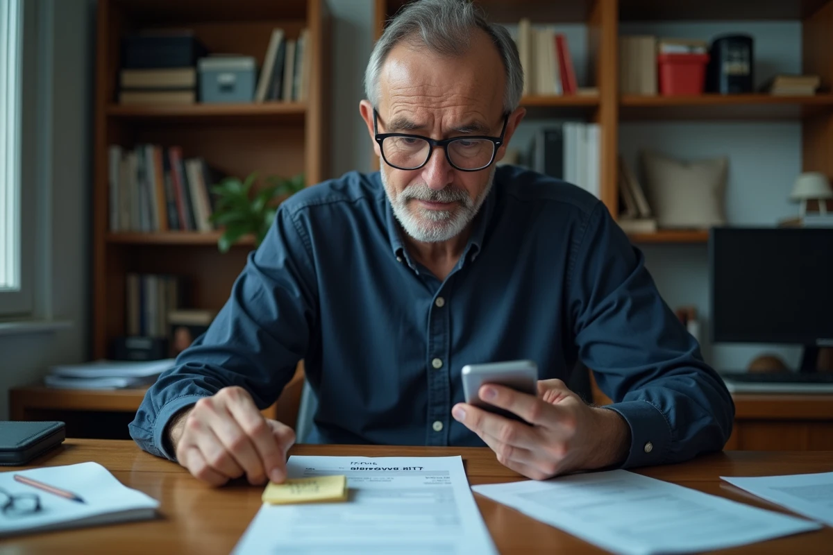 Homme vérifiant un numéro 0424 suspect sur son téléphone avec une facture posée sur son bureau